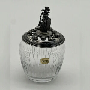 ATLANTIS Silver Mounted Lid Crystal Glass Candy Display Vanity‎ Trinket PORTUGAL